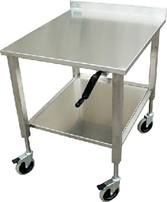 Rustfrit rullebord med l�ftefunktion. H�ve s�nk ved brug af h�ndsving