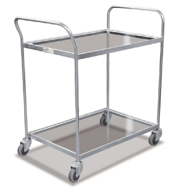 Serveringsvogn med 2 glashylder. 4 gr� afsmitningsfrie drejehjul